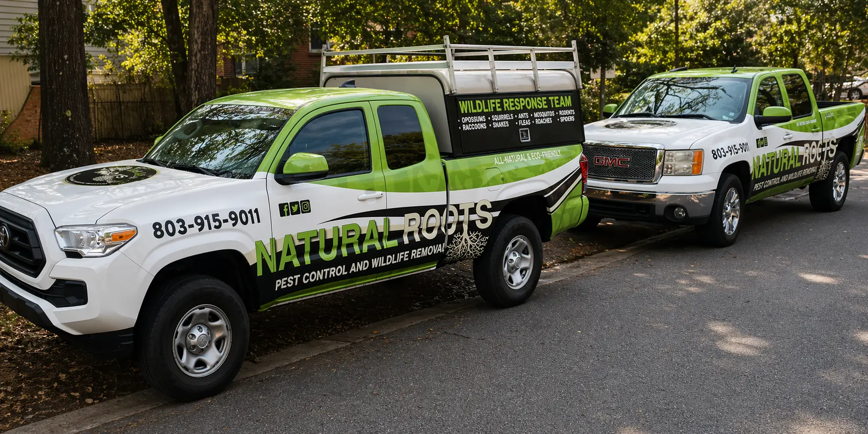 Natural Roots service trucks at an Irmo-area home